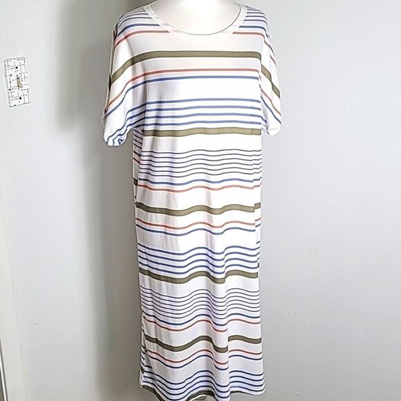 T-Shirt Dress, White with Blue, Pink & Gray Stripes, Size Medium - Picture 2 of 7
